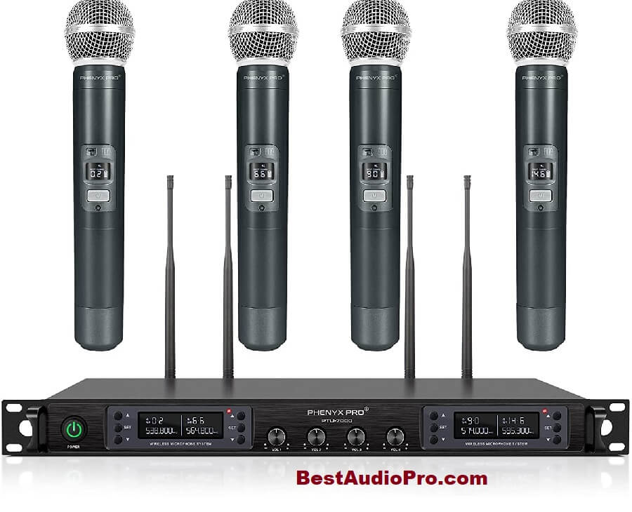 Wireless Microphone System, Phenyx Pro Quad Channel Cordless Mic Set with Metal Handheld